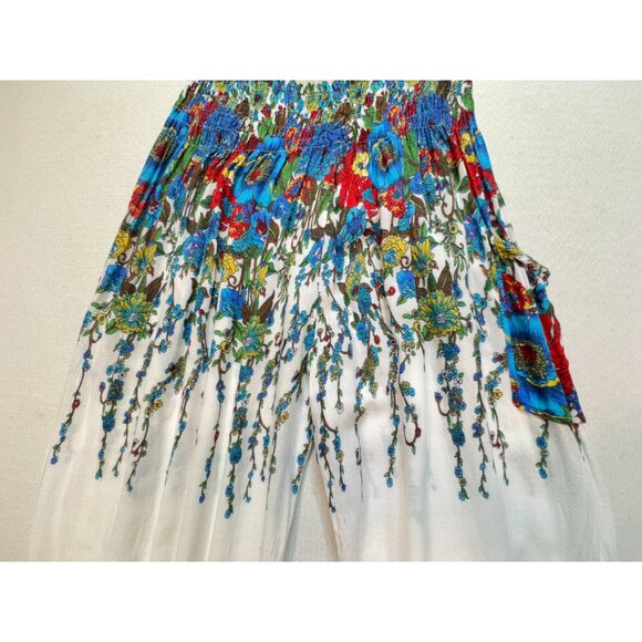 Elepants Women's Boho Harem Hippie Pants Cold Wash White Blue Floral Stretch - Picture 13 of 16